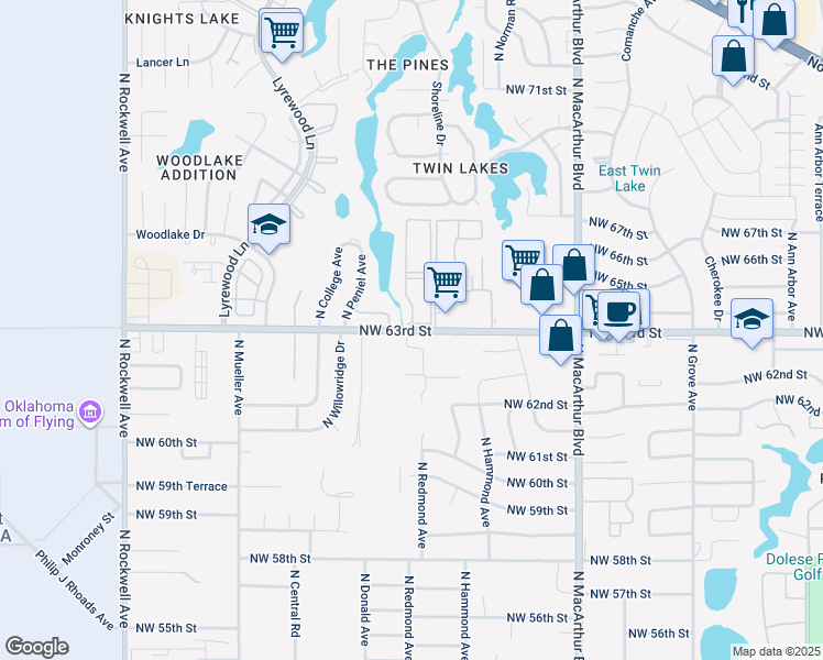 map of restaurants, bars, coffee shops, grocery stores, and more near 6324 North Woodcreek Drive in Warr Acres