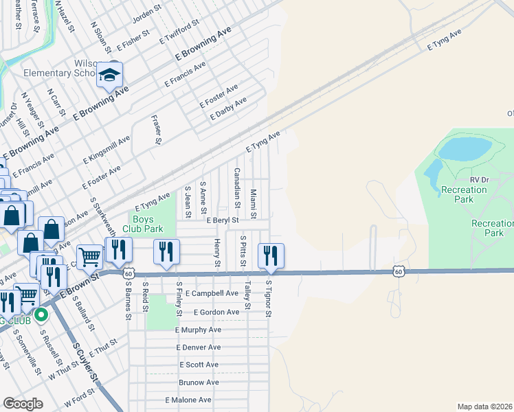 map of restaurants, bars, coffee shops, grocery stores, and more near 300-398 South Tignor Street in Pampa