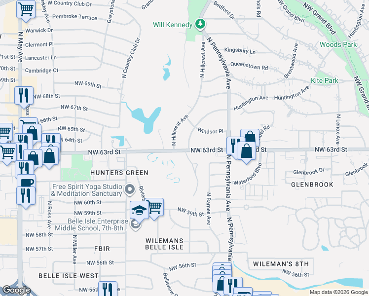 map of restaurants, bars, coffee shops, grocery stores, and more near 1736 Northwest 63rd Street in Oklahoma City