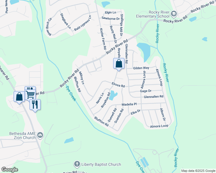 map of restaurants, bars, coffee shops, grocery stores, and more near 149 Nevis Lane in Mooresville