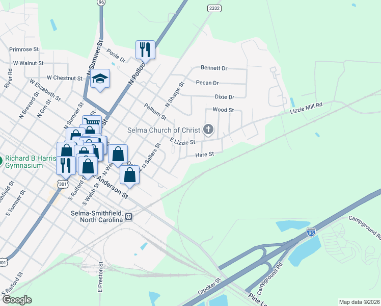 map of restaurants, bars, coffee shops, grocery stores, and more near 706 Hare Street in Selma