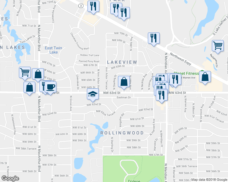 map of restaurants, bars, coffee shops, grocery stores, and more near 4713 North Sterling Drive in Oklahoma City