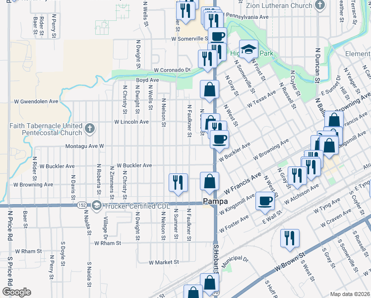 map of restaurants, bars, coffee shops, grocery stores, and more near 500-598 North Faulkner Street in Pampa