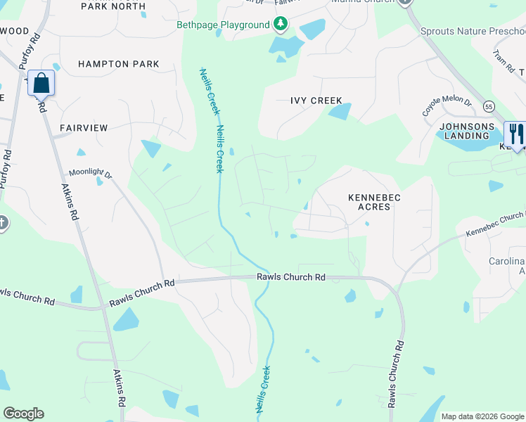 map of restaurants, bars, coffee shops, grocery stores, and more near 57 Woodridge Court in Angier