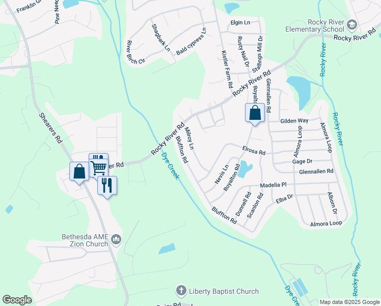 map of restaurants, bars, coffee shops, grocery stores, and more near 126 Milroy Lane in Mooresville