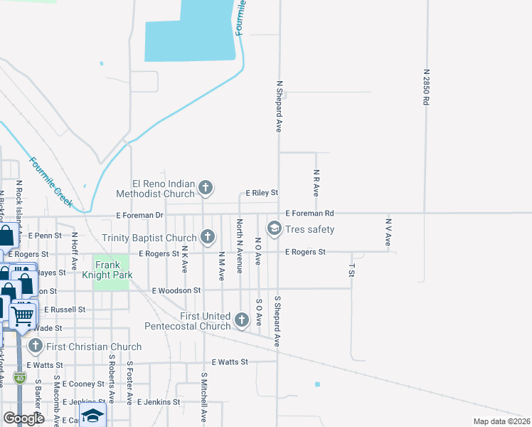 map of restaurants, bars, coffee shops, grocery stores, and more near 242 North O Avenue in El Reno