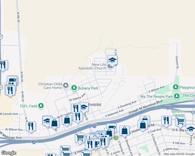 map of restaurants, bars, coffee shops, grocery stores, and more near 800-898 N Strong Dr in Gallup