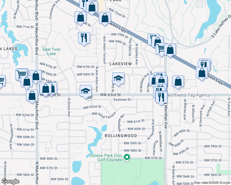 map of restaurants, bars, coffee shops, grocery stores, and more near 4801 Eastman Drive in Oklahoma City
