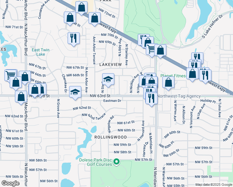 map of restaurants, bars, coffee shops, grocery stores, and more near 4709 Eastman Drive in Oklahoma City
