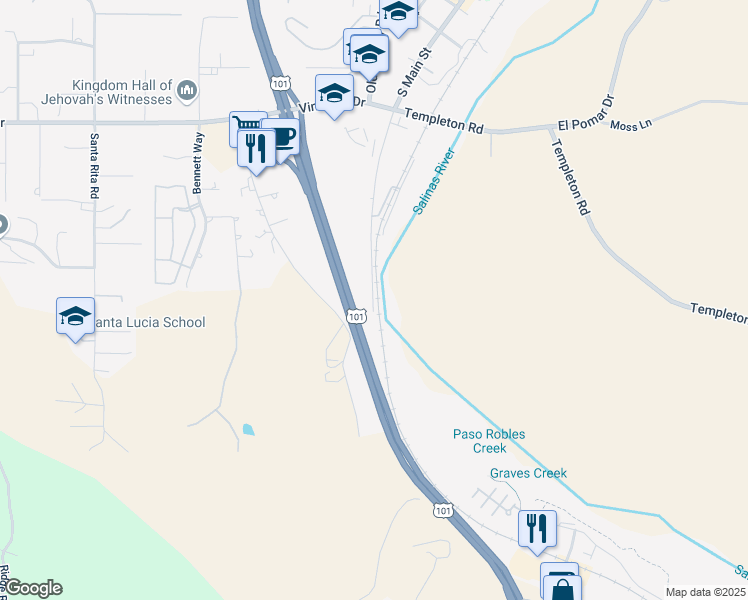 map of restaurants, bars, coffee shops, grocery stores, and more near 1402 Rossi Road in Templeton