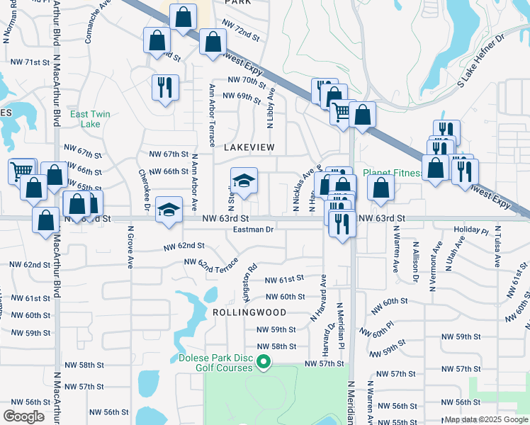 map of restaurants, bars, coffee shops, grocery stores, and more near 4709 Eastman Drive in Oklahoma City