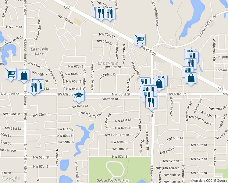 map of restaurants, bars, coffee shops, grocery stores, and more near 4709 Eastman Drive in Oklahoma City