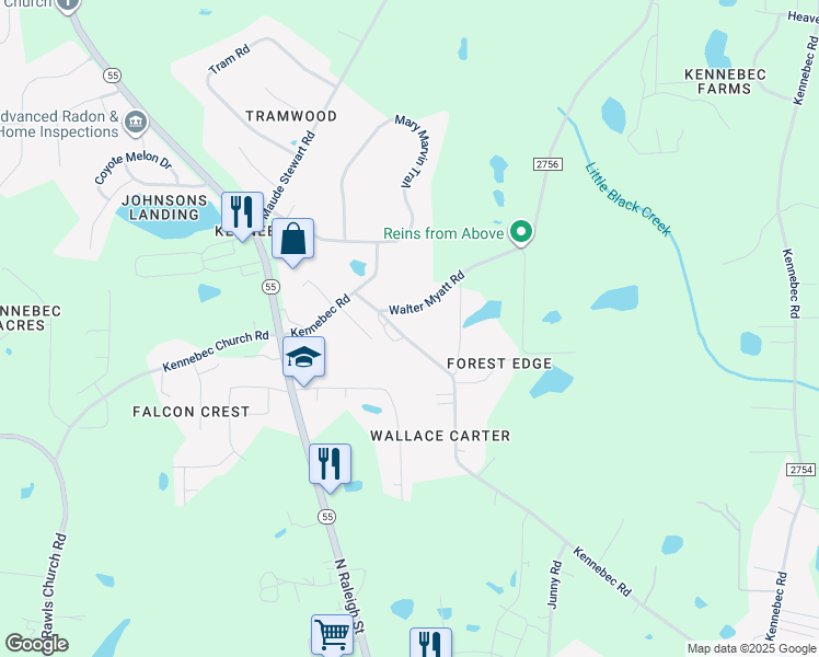 map of restaurants, bars, coffee shops, grocery stores, and more near 10024 Kennebec Road in Wake County