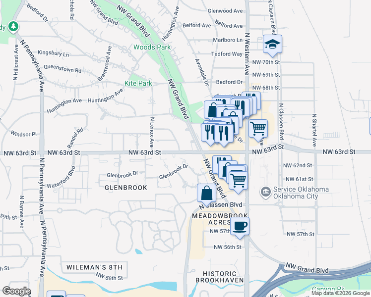map of restaurants, bars, coffee shops, grocery stores, and more near 6308 Edington Court in Oklahoma City