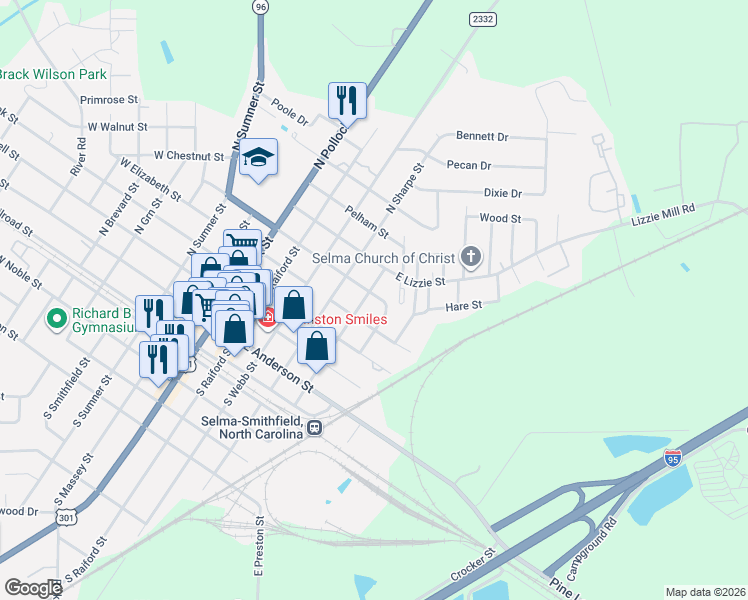 map of restaurants, bars, coffee shops, grocery stores, and more near 405 Godwin Street in Selma