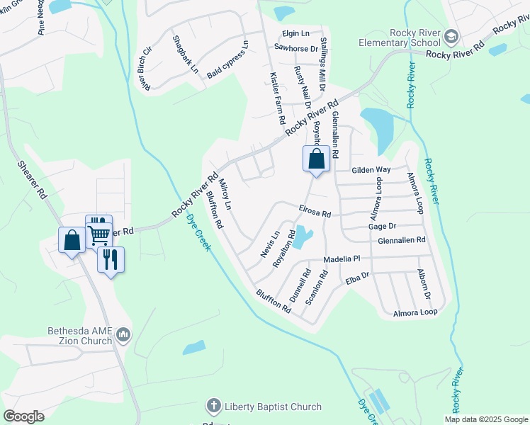 map of restaurants, bars, coffee shops, grocery stores, and more near 135 Elrosa Road in Mooresville