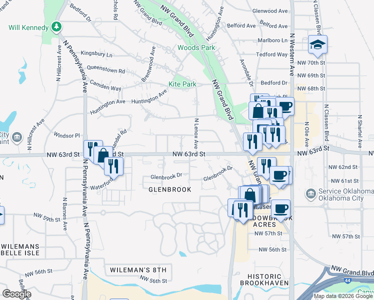 map of restaurants, bars, coffee shops, grocery stores, and more near 6349 Harden Drive in Oklahoma City