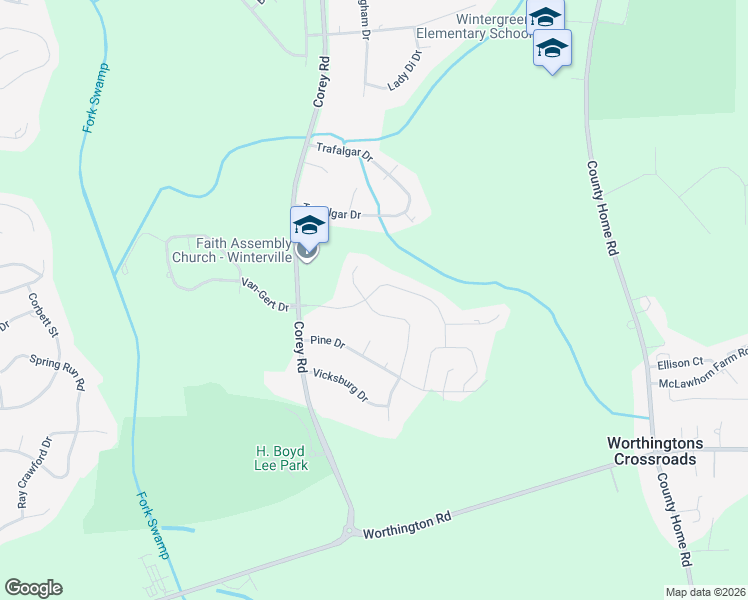 map of restaurants, bars, coffee shops, grocery stores, and more near 2104 Forest Place in Winterville