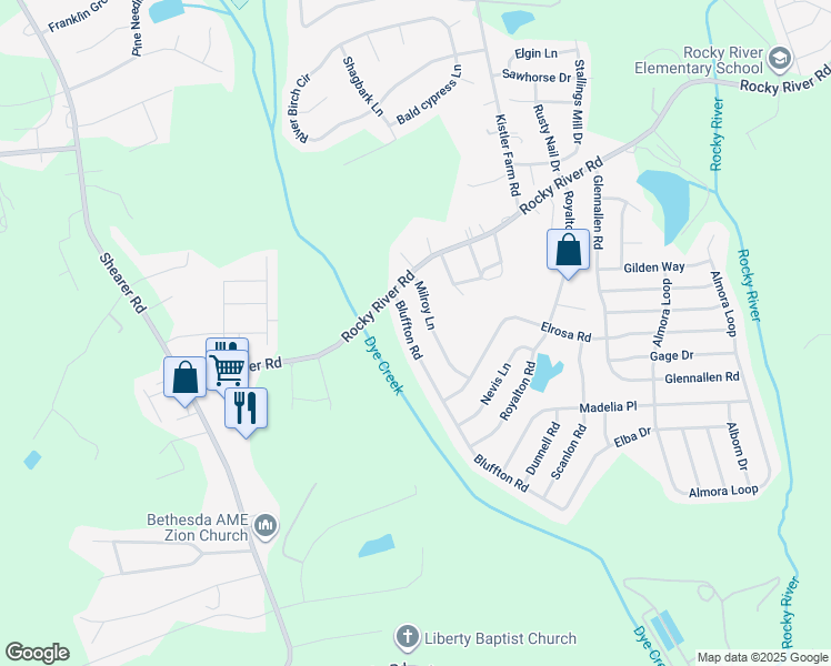 map of restaurants, bars, coffee shops, grocery stores, and more near 121 Bluffton Road in Mooresville