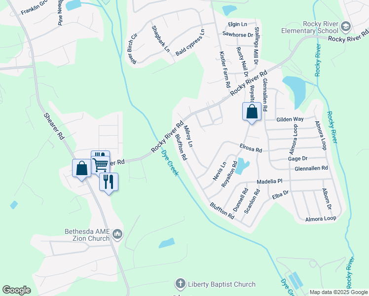map of restaurants, bars, coffee shops, grocery stores, and more near 121 Bluffton Road in Mooresville