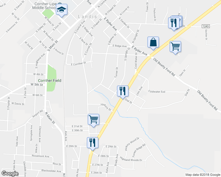 map of restaurants, bars, coffee shops, grocery stores, and more near 603 Dial Street in Landis