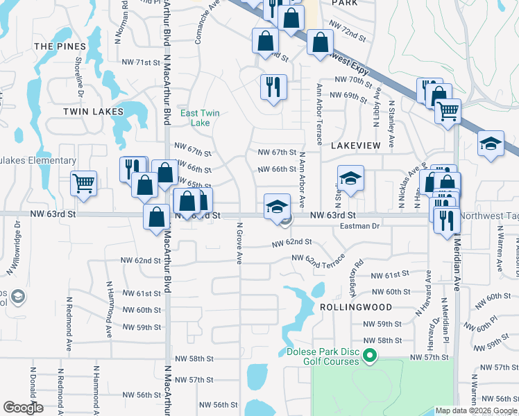 map of restaurants, bars, coffee shops, grocery stores, and more near 5020 Northwest 63rd Street in Oklahoma City