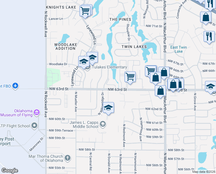 map of restaurants, bars, coffee shops, grocery stores, and more near 6312 North Willowridge Drive in Warr Acres