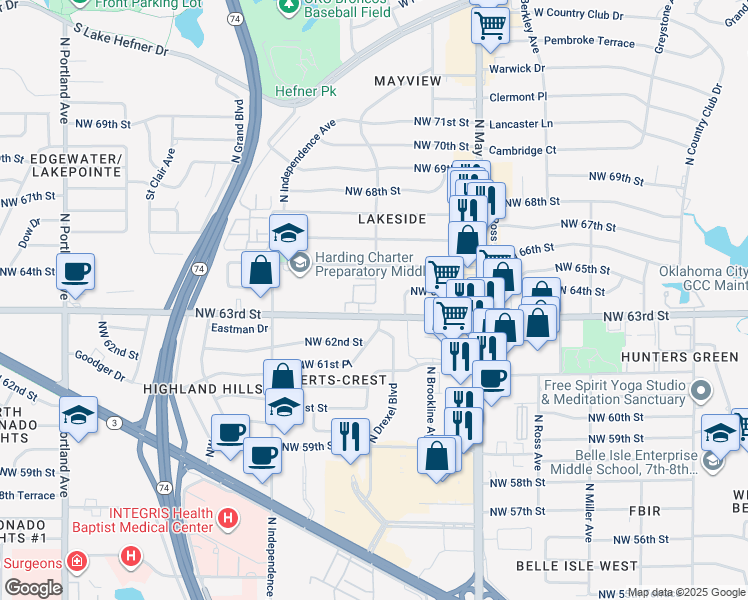 map of restaurants, bars, coffee shops, grocery stores, and more near 3106 Northwest 63rd Street in Oklahoma City