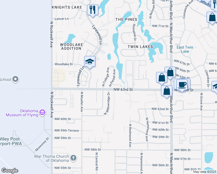 map of restaurants, bars, coffee shops, grocery stores, and more near 6312 North College Street in Warr Acres