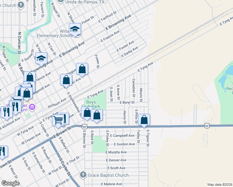 map of restaurants, bars, coffee shops, grocery stores, and more near 301-349 South Jean Street in Pampa