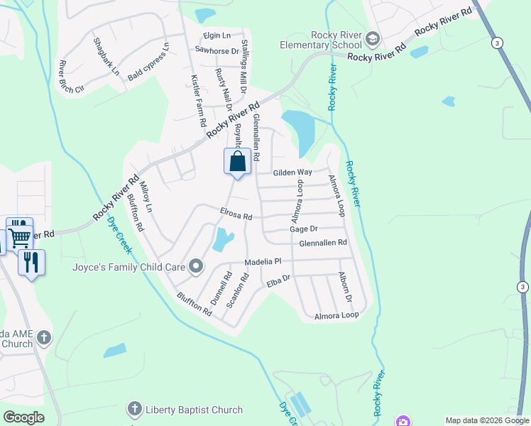 map of restaurants, bars, coffee shops, grocery stores, and more near 107 Scanlon Road in Mooresville