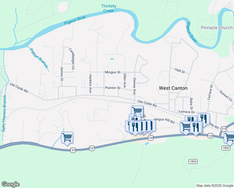 map of restaurants, bars, coffee shops, grocery stores, and more near 11 Huffman Drive in Canton