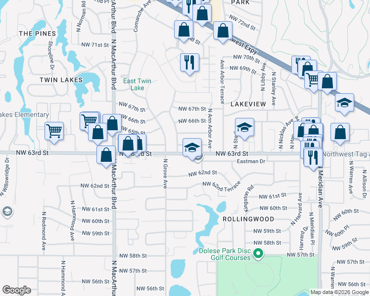 map of restaurants, bars, coffee shops, grocery stores, and more near 6301 Northwest 63rd Street in Oklahoma City