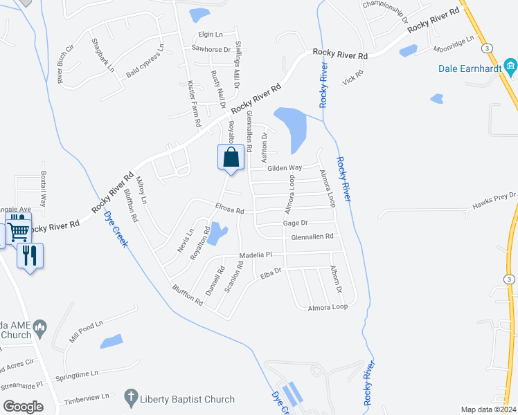 map of restaurants, bars, coffee shops, grocery stores, and more near 199 Elrosa Road in Mooresville