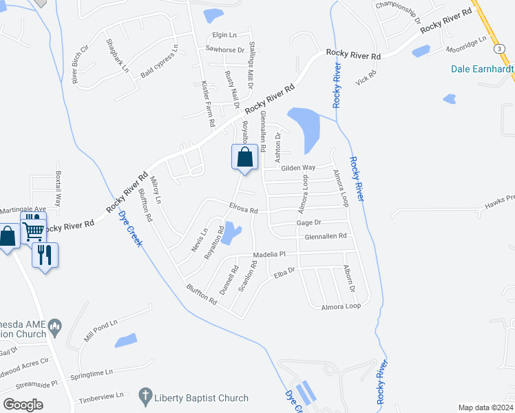 map of restaurants, bars, coffee shops, grocery stores, and more near 187 Elrosa Road in Mooresville