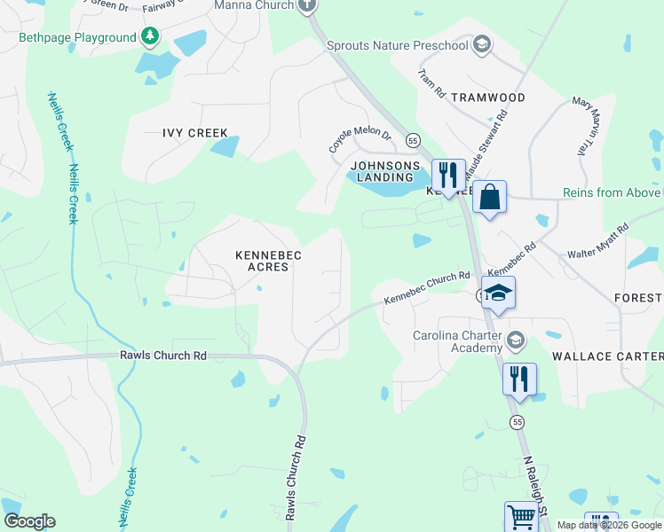 map of restaurants, bars, coffee shops, grocery stores, and more near 8104 Crookneck Drive in Angier