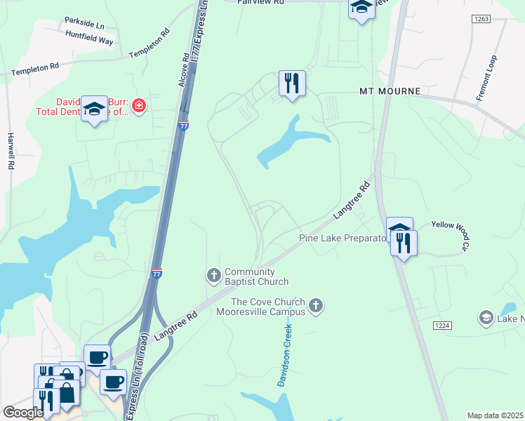 map of restaurants, bars, coffee shops, grocery stores, and more near Langtree Road in Mooresville