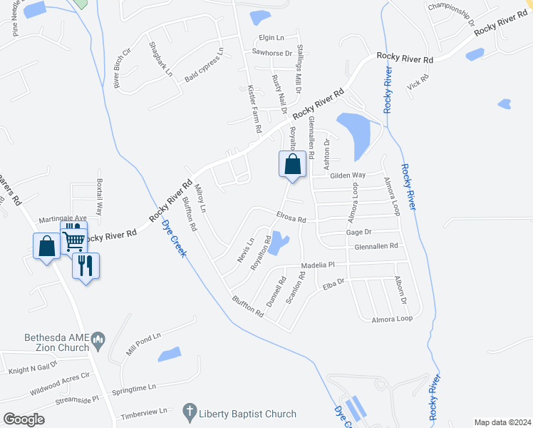 map of restaurants, bars, coffee shops, grocery stores, and more near 154 Elrosa Road in Mooresville