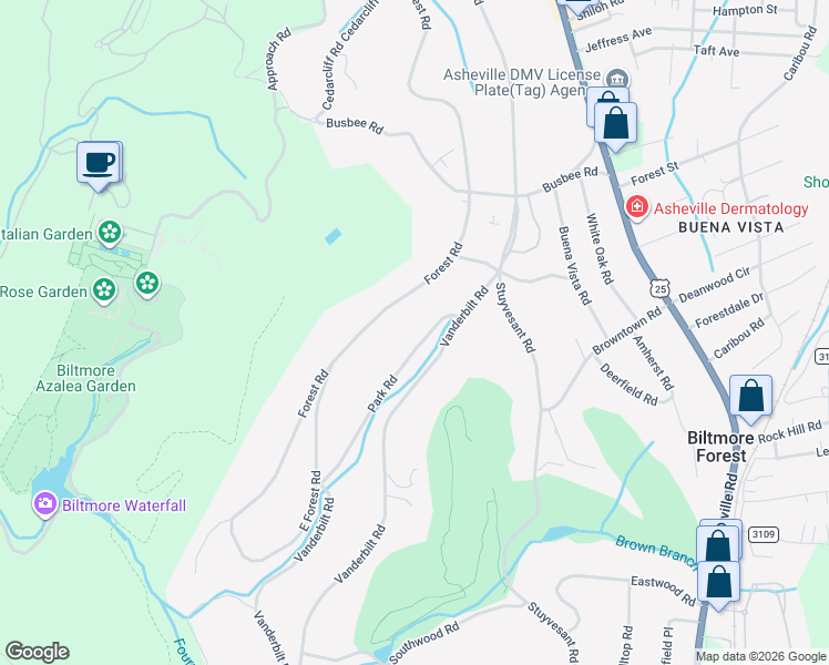 map of restaurants, bars, coffee shops, grocery stores, and more near 48 Forest Road in Biltmore Forest