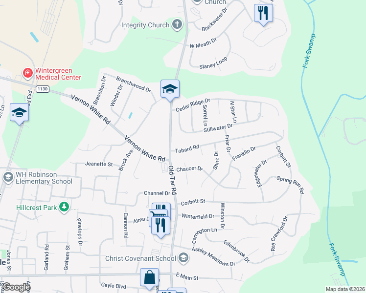 map of restaurants, bars, coffee shops, grocery stores, and more near 558 Stillwater Dr in Winterville
