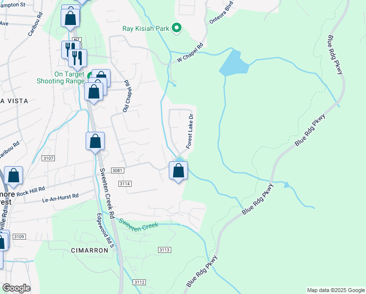 map of restaurants, bars, coffee shops, grocery stores, and more near 60 Forest Lake Drive in Asheville
