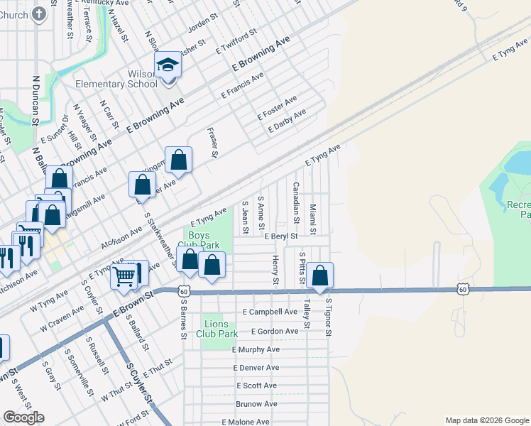 map of restaurants, bars, coffee shops, grocery stores, and more near 316 Henry Street in Pampa