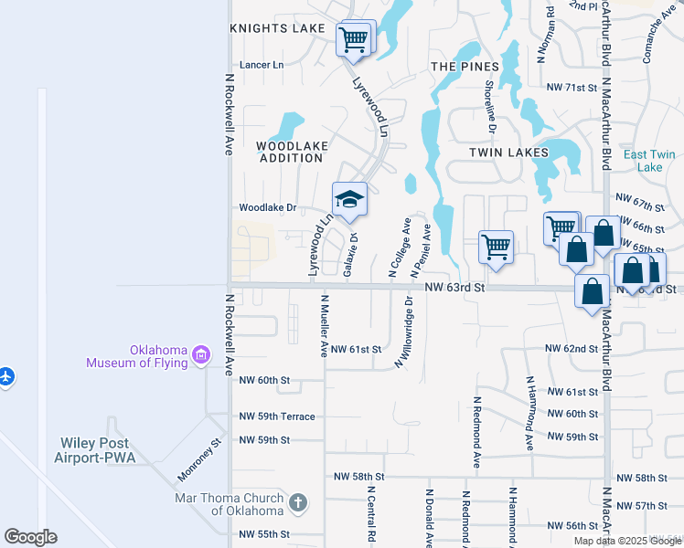 map of restaurants, bars, coffee shops, grocery stores, and more near 6408 Lyrewood Terrace in Oklahoma City