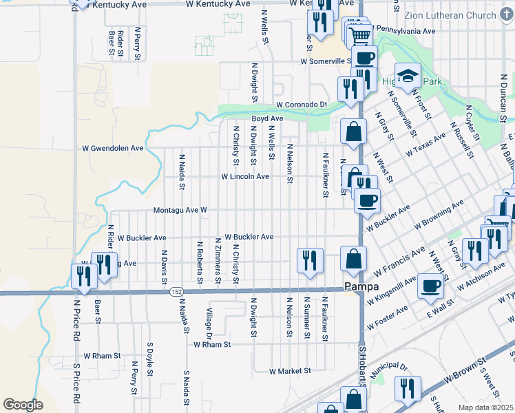 map of restaurants, bars, coffee shops, grocery stores, and more near 600 North Dwight Street in Pampa