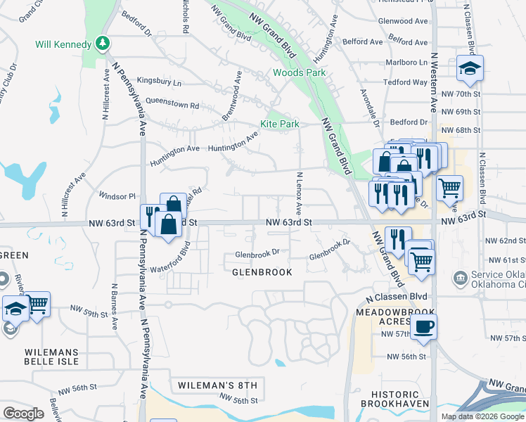 map of restaurants, bars, coffee shops, grocery stores, and more near 1408 Glenbrook Terrace in Nichols Hills