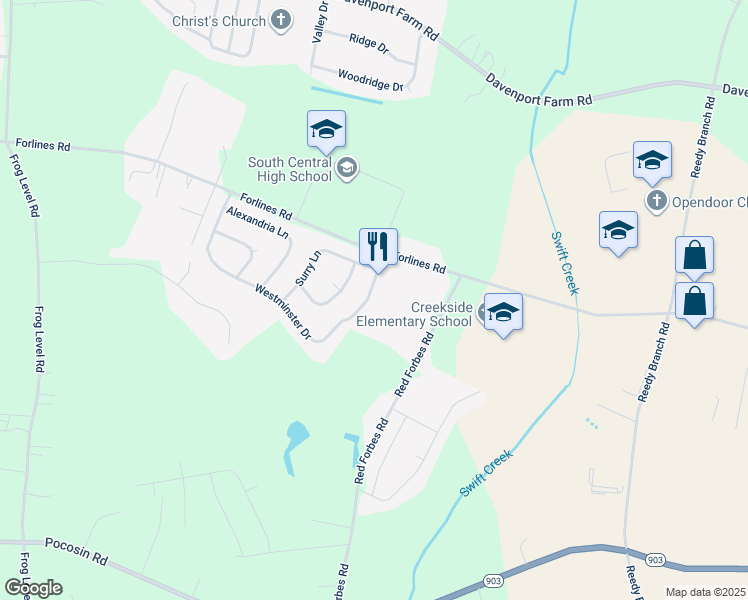 map of restaurants, bars, coffee shops, grocery stores, and more near 2451 Westminster Drive in Winterville