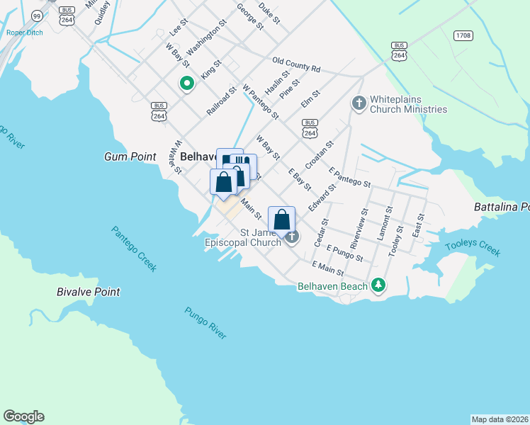 map of restaurants, bars, coffee shops, grocery stores, and more near 424 East Pungo Street in Belhaven