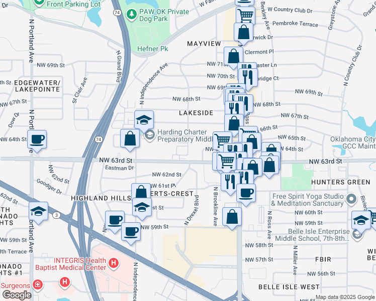 map of restaurants, bars, coffee shops, grocery stores, and more near 3111 Hickory Sign Post Road in Oklahoma City