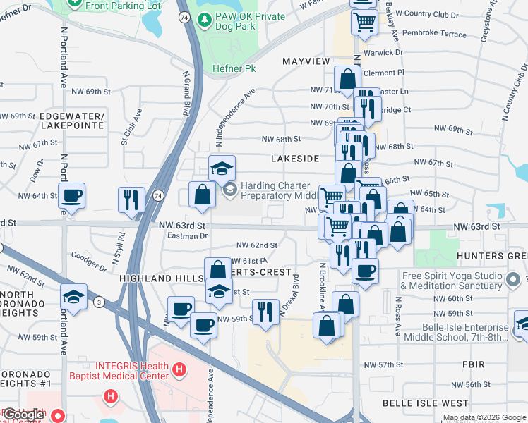 map of restaurants, bars, coffee shops, grocery stores, and more near 3124 Northwest 65th Street in Oklahoma City