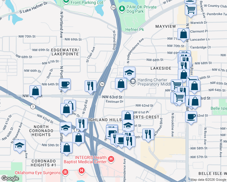 map of restaurants, bars, coffee shops, grocery stores, and more near 6508 North Highland Place in Oklahoma City